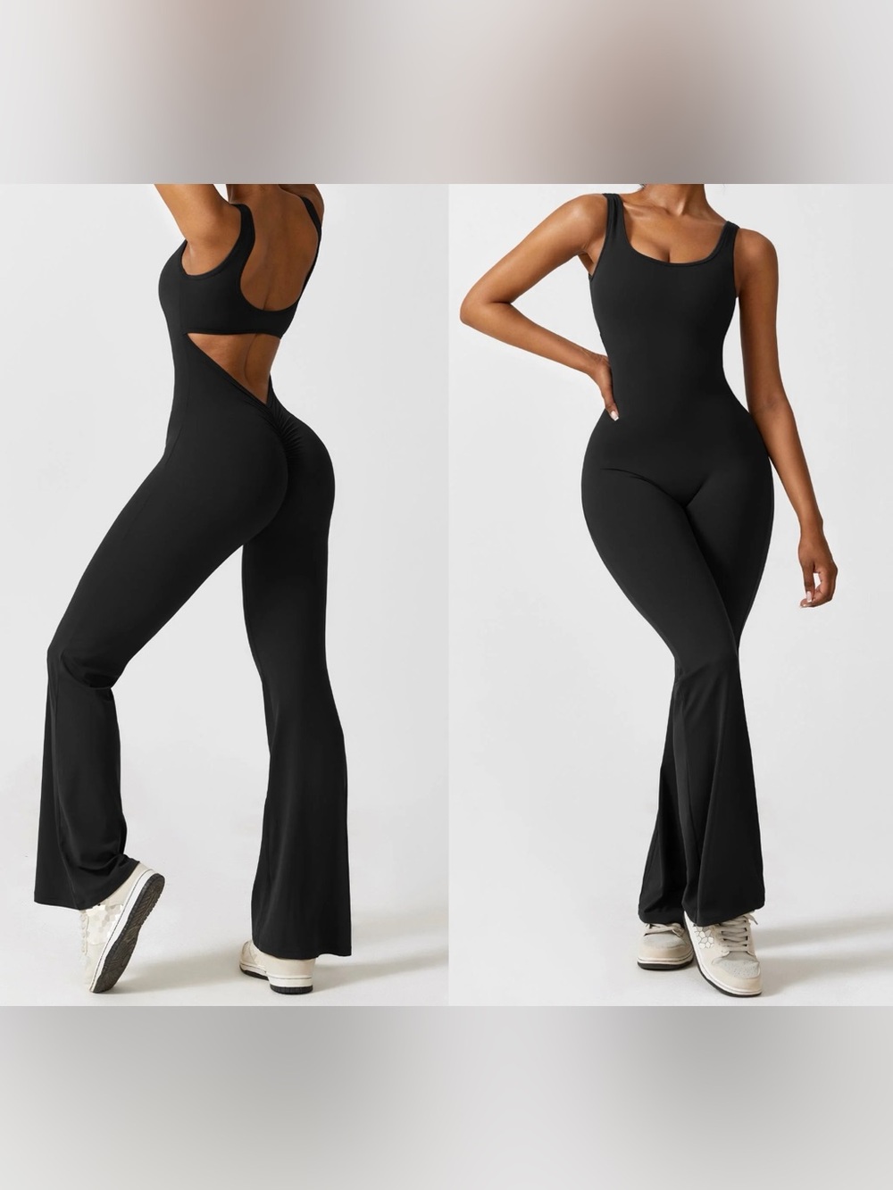 Black V Cutout Ruched Flare leg Jumpsuit Size M - Picture 3 of 13